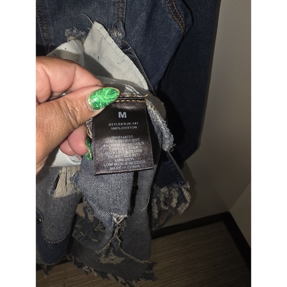 American Bazi Denim Blue Jean Jacket Distressed Long Length With Pockets Size M - Picture 6 of 8